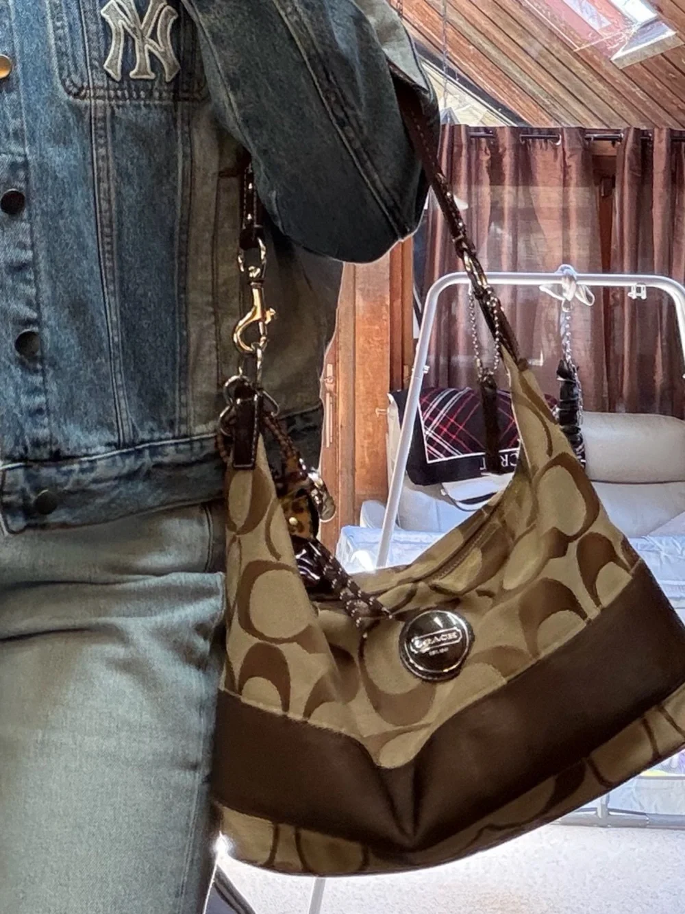 Coach Signature Stripe Hobo Bag F1182-F17434 Canvas Leather Medium - Picture 7 of 8